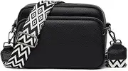 [YILCER] Crossbody Bag for Women, Small Genuine Leather Camera Handbag Wide Strap Ladies Cross Body Bag, Pom Pom Bags Crossover Shoulder Bags with Adjustable and Removable Guitar Strap