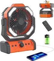 SmartTail Battery Powered Camping Fan with LED Lantern, 20000mAh Portable Travel Fan with Light and Hook, Adjustable Speed Remote Control Tent Fan USB Rechargeable for Camping Beach Fishing Orange