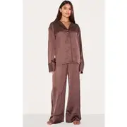 Chocolate Satin Piping Long Pj Set, Chocolate