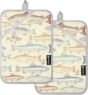 Pot Holders Heat Resistant Beige Fish Sea Potholders with Pockets Kitchen Hot Pads Sets Oven Mitts 2 Pack