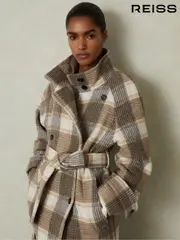 Reiss Neutral Check Piper Wool Blend Check Double Breasted Coat (E80207) | $810
