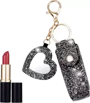 Black Lipstick Holder with Mirror Leather Diamond Lip Gloss Bag Chapstick Hol...