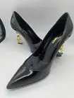 Saint Laurent OPYUM Pointy Toe Black Patent Leather Logo Heel Pumps 38.5 EUR