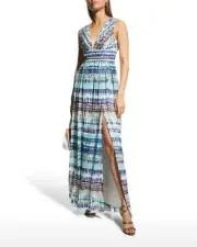 Aidan By Aidan Mattox Chiffon Boho Wedding Maxi Dress Blue Multi Sz 8