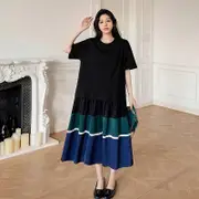 Oladivi 加大碼女式休閒寬鬆棉質拼布連衣裙 2024 夏季新款短袖韓式超大連衣裙 7730 F106