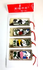 Pkg of Four (4) Oriental Panda Bear Metal CLASSIC BOOKMARKS w/Red String - NEW