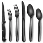 Black Heavy Duty Silverware Set 24-Piece Stainless Steel Flatware Set with St...