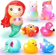 REMOKING 8Pcs Light Up Bath Toys for Toddlers,Baby Flashing Colourful LED Bathtub Unicorn Mermaid Toy,Bathtime Floating Shower Set for Infant Kid Boys Girls,Pool Party Birthday Gifts for 6 Months+