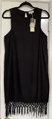 NWT Mud Pie Viva Crochet Tassel Fringe Trim Black Lined VIscose Dress Women Sz M