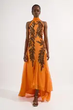 Halter Neck Feather Sequin Detail Woven Maxi Dress