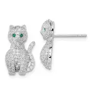 Sterling Silver Rhodium-Plated Polished Green & White Cz Cat Post Earrings