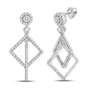 14k White Gold Round Diamond Diagonal Square Dangle Earrings 3/8 Cttw