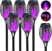 Solar Outdoor Lights 6 Pack, Purple Torches With Flickering Flame, Auto On/Off Waterproof for Pathway Yard Christmas Decor Garden Lights