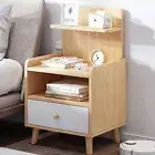 solid Wood Bedside Table, Modern Nightstand with Sliding Shelf & Drawer