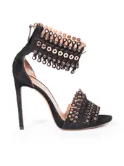 Black Suede Laser-Cut Eyelet Detail Sandals