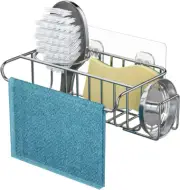 4 in 1 Adhesive Sink Caddy Sponge Holder, SUS304 Stainless Steel Sink Basket Bru