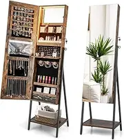 Giantex Freestanding Jewelry Cabinet, Lockable Floor Jewelry Armoire Organizer w/Full-Length Mirror, 3-Color LED Lights, Bottom Storage Shelf, Inside Makeup Mirror, Metal Frame (Rustic Brown)