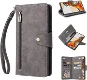 Jeelar ESONG Wallet Mobile Phone Case for Xiaomi Poco X7 5G, PU Leather Zip Protective Case with Card Slots, Stand Funtion, Magnetic Closure, Wrist Strap, Grey