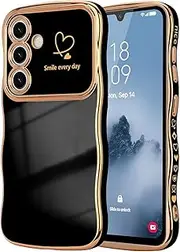 ELEPIK for Samsung Galaxy A14 5G/4G Case for Women Girls, Cute Wave Frame Curly Shape with Love Heart, Raised Camera Protection, Luxury Plating Shockproof for Galaxy A14 Phone Case, Black