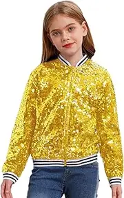 [Lejafay] Kids Girls Sequin Jacket Long Sleeve Zipper Up Party Glitter Bomber Jacket Sparkle Outwear