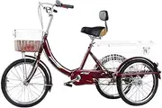 3 Wheels Adult Tricycles 20 Inches Single Speed Adult Trike Bike Pedal with Shopping Basket for Seniors Women Men Recreation Picnics Exercise Wine Red Cycling Pedalling