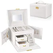 Jewelry Organizer Box Large-Capacity Storage 3 Layer With Mirror And Lockable For Her Earrings Rings Bracelet Necklaces Girl And Woman Anniversary Mother'S Day Valentines Gifts, (Pearl White)