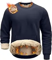 [Pudolla] Men's Sherpa Lined Sweatshirts Warm Soft Crewneck Sweatshirts Heavyweight Winter Pullover Kangaroo with Pouch Pocket