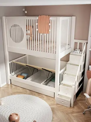 全實木上下床雙層床多功能1.5米白色加高護欄子母床高低床兒童床