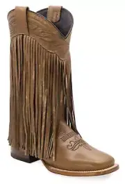 Ladies Genuine Leather Chloe Fringe Wide Square Toe Beige Boots Handcrafted