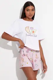 Pink Print Breakfast Pj Graphic Jersey Pyjama 2 Piece Set - Size L, Women's Shrt Slv Rgl Set