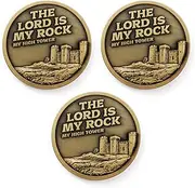 Christian Challenge Coin - Bulk Pack of 3 - The Lord is My Rock, Psalm 18:2 Gold Color Plated Prayer Coin, 2" Christian Coins with Scripture As Gifts for Men & Women