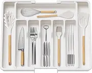 Silverware Cutlery Drawer Organizer, Expandable Utensil Tray for Kitchen Drawers,Adjustable Cutlery Flatware Holder Drawer Dividers Organizer for Knife Fork Spoon with 8-10 Compartments (White)