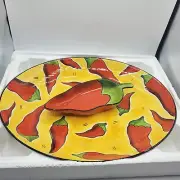 Clay Art CHILI FIESTA 17.25" Chip Bowl & 10.5" Dip Bowl Set 2Pc Red Yellow NEW