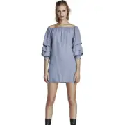 Zara Denim Chambray Mini Dress Womens S Boho Beach Coastal Cowgirl Puff Sleeves