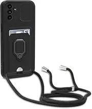 [Dllatui] Mobile Phone Case Compatible with Samsung Galaxy A13 5G/A04S, Necklace Lanyard, Silicone Case with Camera Protection Slider, Rotating Stand with Card Slot, Necklace Case (Black)