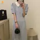 MUZV【優雅氣質】韓國夏季新款簡約氣質撞色娃娃領單排扣中長裙收腰短袖洋裝