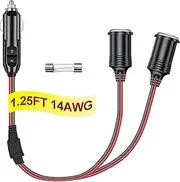 Cigarette Lighter Plug Adapter - 12V Cigarette Lighter Splitter 2 Socket 1.25FT/38CM Heavy Duty 12V/24V Plug Socket 2-Way Splitter Y Adapter 14AWG with Spare 20A Fuse For Car Truck Motorcycle