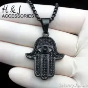 18"-36"Stainless Steel 3mm Black Plated Box Link Chain CZ 3D Hamsa Pendant*BP140