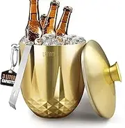 LRYYBTI Ice Buckets for Parties with Lid,Tongs and Strainer (3L/Gold) Double Wall Stainless Steel Ice Bucket Keeps Frozen Longer,Ideal Perfect for Parties, Cocktail bar, Chilling Wine, Champagne