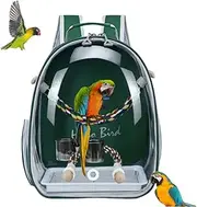 Bird Traval Carrier Cage, Multi Vent Holes Clear Space Capsule Astronaut Backpack to Carry Parakeet Cockatiel Parrot with Metal Tray Wood Perch, Vet Transport Book Bag (Green)