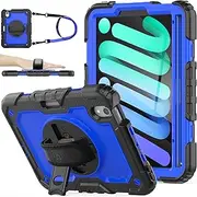 SEYMAC stock Case for iPad Mini 7th(A17 Pro)/ 6th Generation 8.3 Inch 2024/2021 with Screen Protector Pencil Holder [360° Rotating Hand Strap] &Stand, Blue+Black