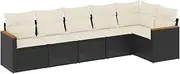 vidaXL Modular Garden Sofa Set - Black Poly Rattan Patio Lounge Furniture with Cushions, Weather-Resistant, Easy Maintenance, for Terrace Yard Outdoor - 6 Piece, Modern Design, Customizable