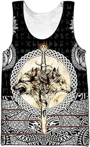[yayoitimes] Nordic Viking Fenrir Wolf Vest - Unisex 3D Vegvisir Rune Totem Print Crew Neck Quick Drying Sleeveless T-Shirt