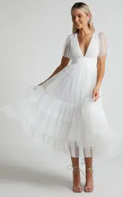 Jiraye Midi Dress - Flutter Sleeve Tuelle Plunge Dress in White