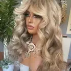 Human Hair Platinum Ash Blonde Highlights Wig Fringe Curly Wave Lace Frontal Wig