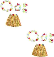 Beatifufu 2pcs Set Luau Party Skirt Hawaiian Decorations for Party Hawaiian Dresses for Hawaii Outfits Costumes Hawaii Hula Skirt Flounce Dress Garland Hawaiian Party Skirt