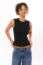 [Supré] Supré - Lexy Rib Button Through Tank - Black L BLACK