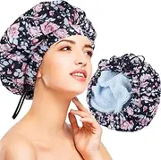 Luxury Shower Cap for Women, Waterproof Reusable Shower Caps Double Layers Microfiber Terry Lined with Dry Hair Function, Extra Large for Long Hair, Adjustable for Most Heads Size