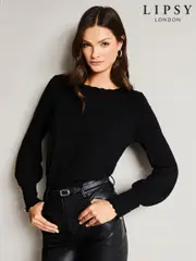 Lipsy Black Scallop Detail Long Sleeve Knitted Jumper (P24792) | $40