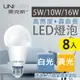 美克斯 5W 10W 16W LED燈泡 E27燈泡 球泡燈 大廣角 高亮度 壽命長 省電 節能 全電壓 護眼-8入組